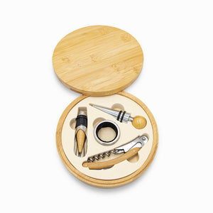 Kit vino caja bambú redonda set x4