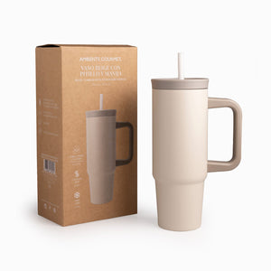 Termo Doble Pared Beige Con Pitillo Y Manija 900Ml - Ambiente Gourmet México