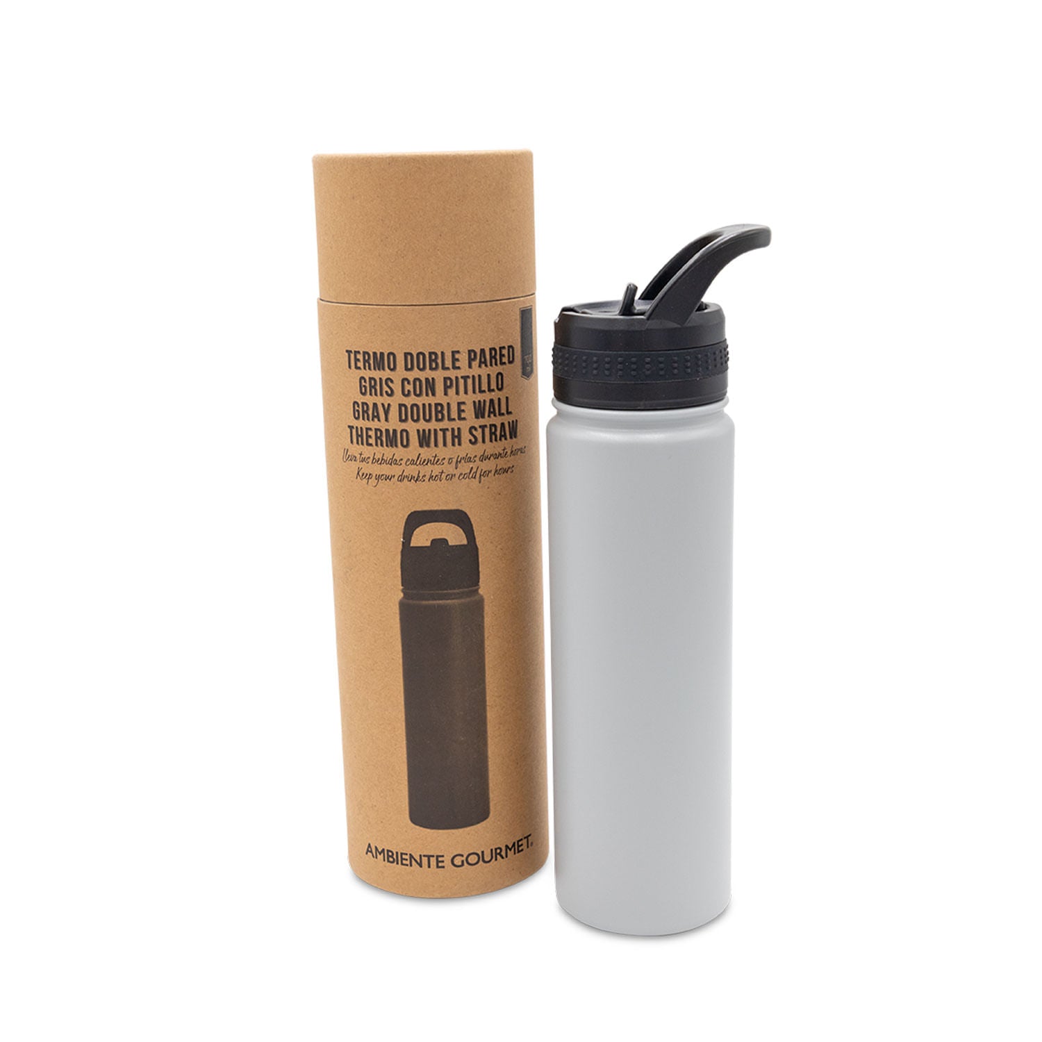 Termo doble pared gris con pitillo 700 ml