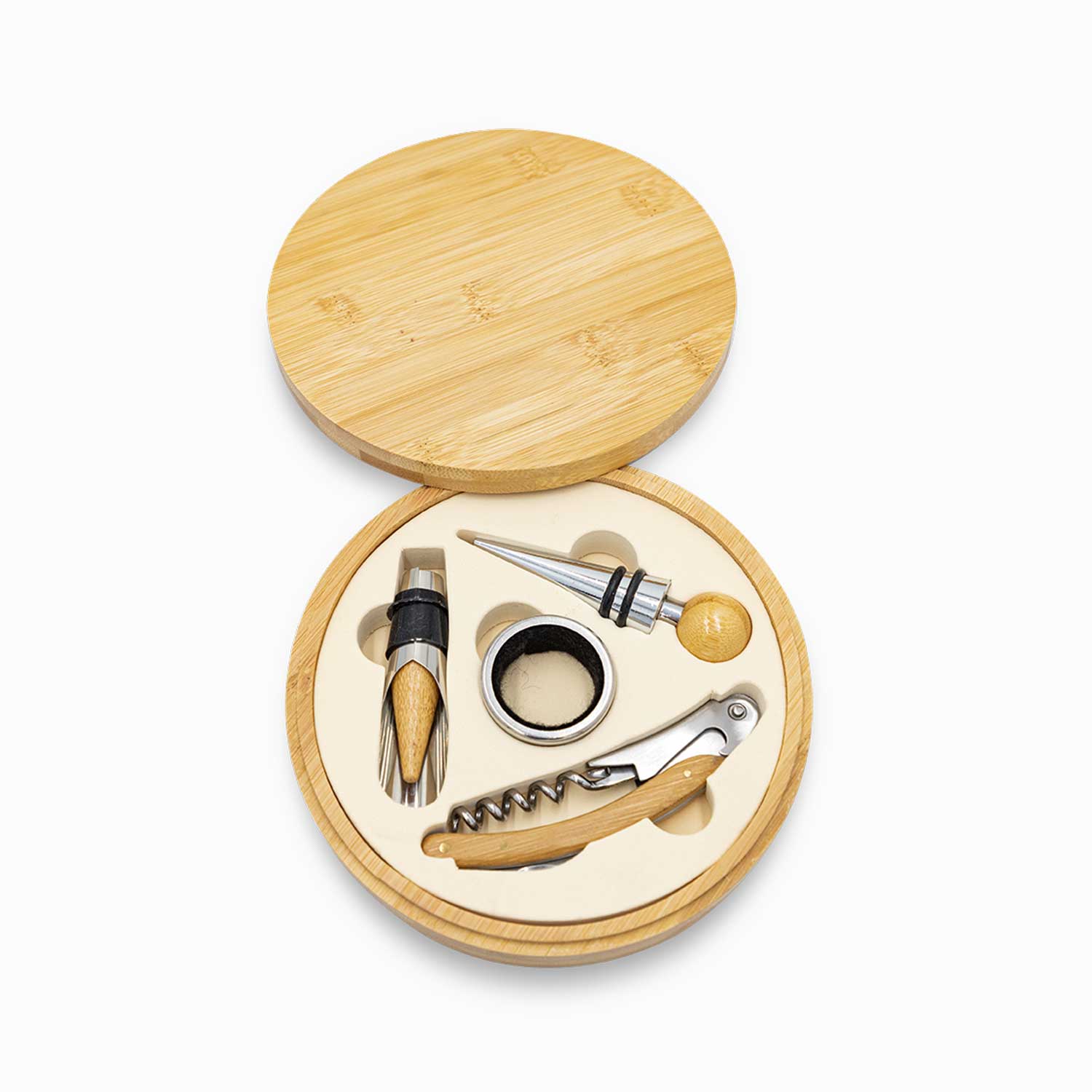 Kit vino caja bambú redonda set x4