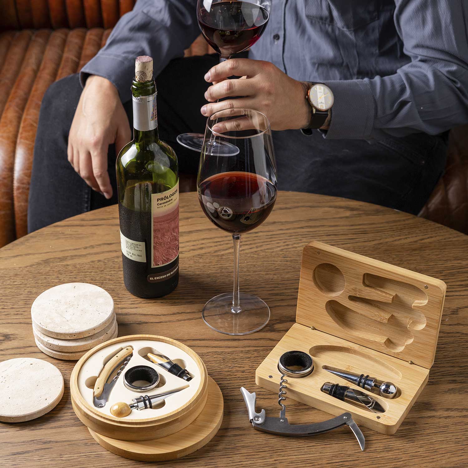 Kit vino caja bambú redonda set x4-2-AMBIENTE GOURMET MÉXICO