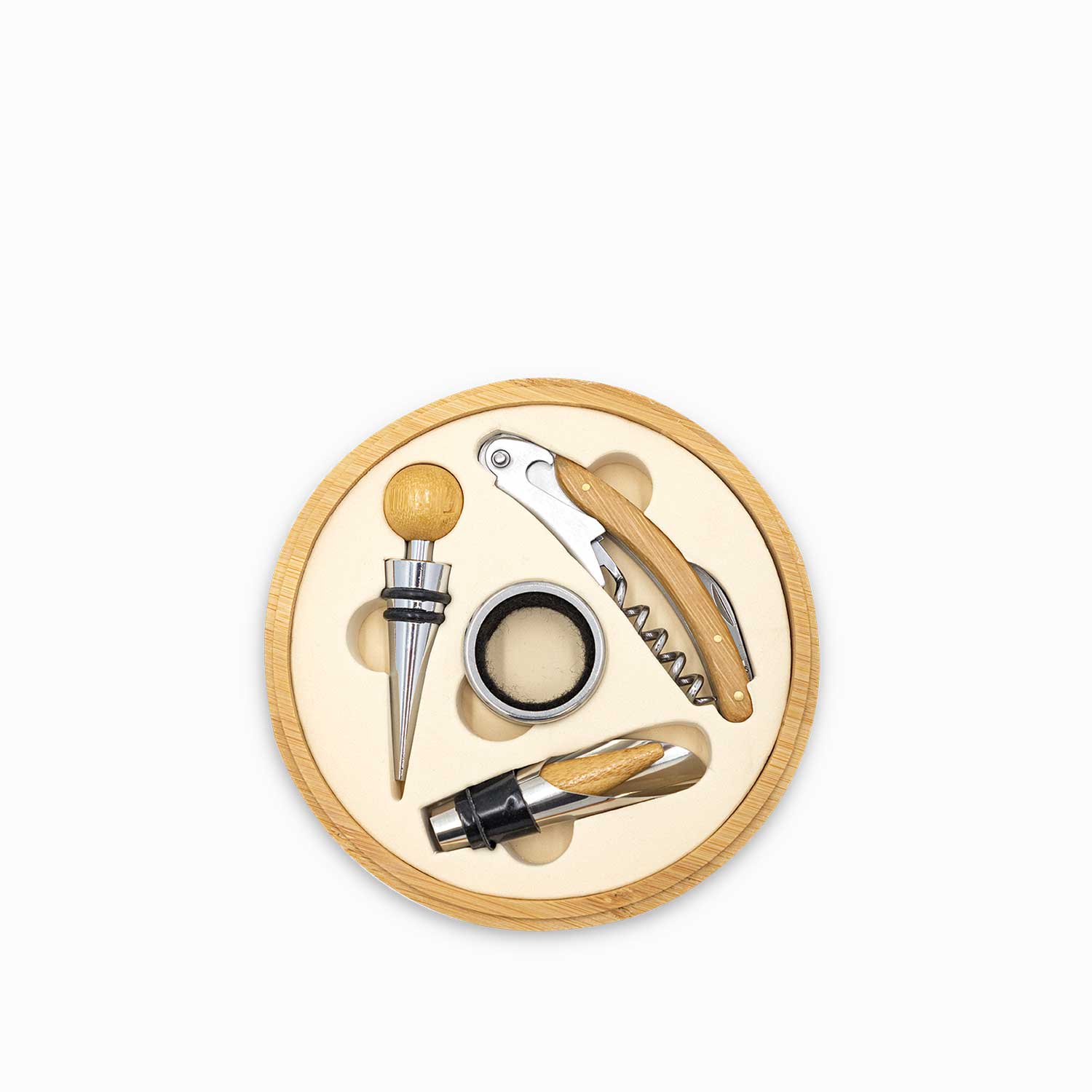 Kit vino copas de cristal + accesorios en caja de bambú