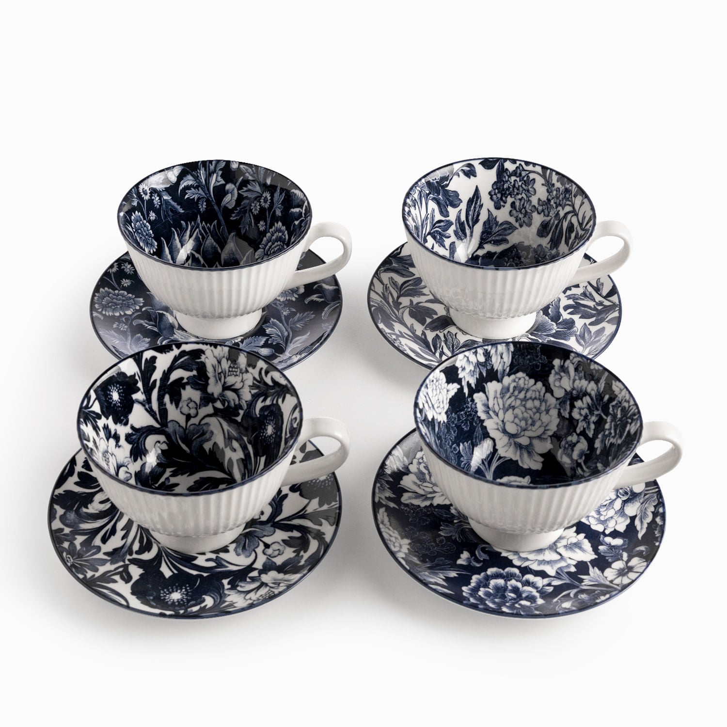 Pocillo y plato jardín índigo set x4