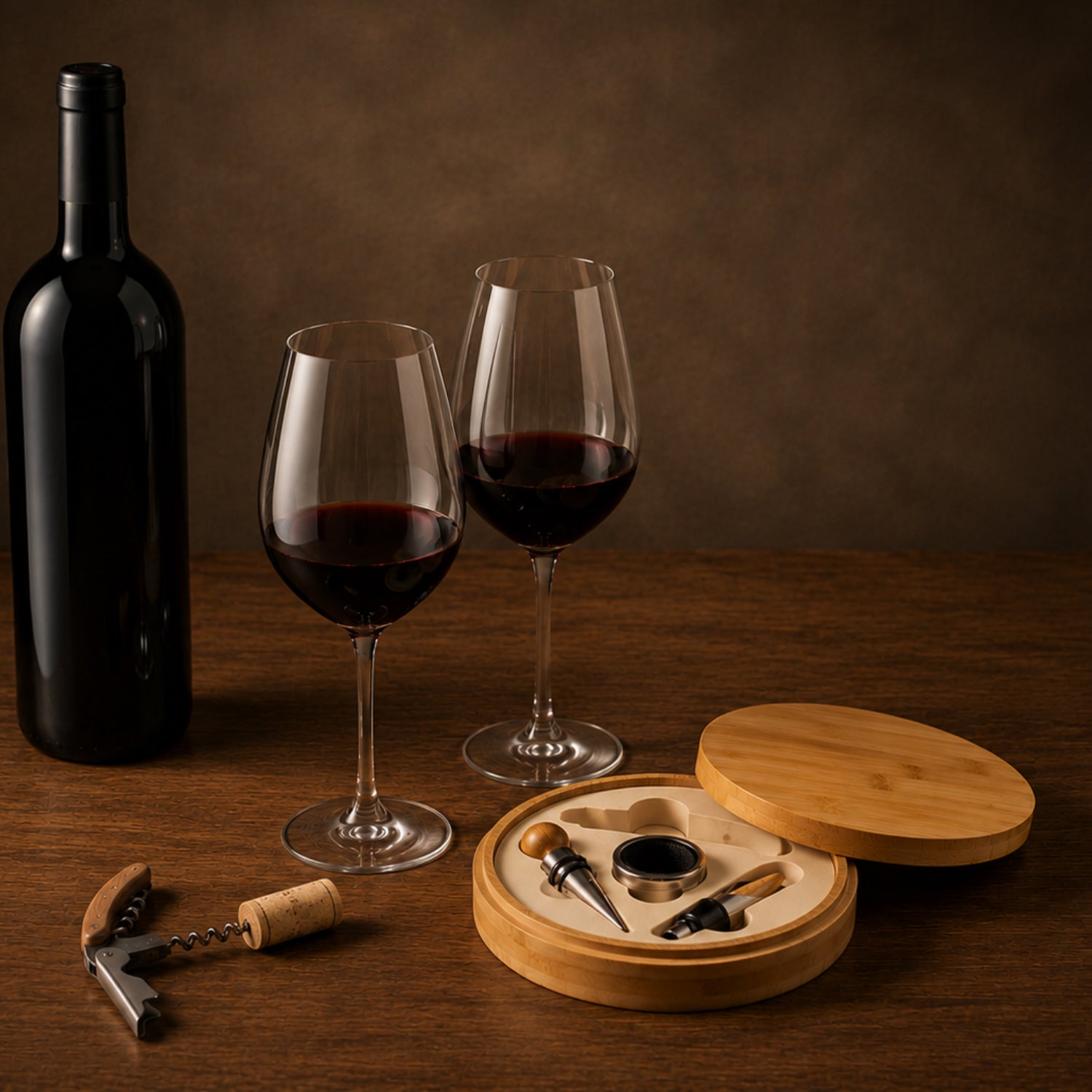 Kit vino copas de cristal + accesorios en caja de bambú