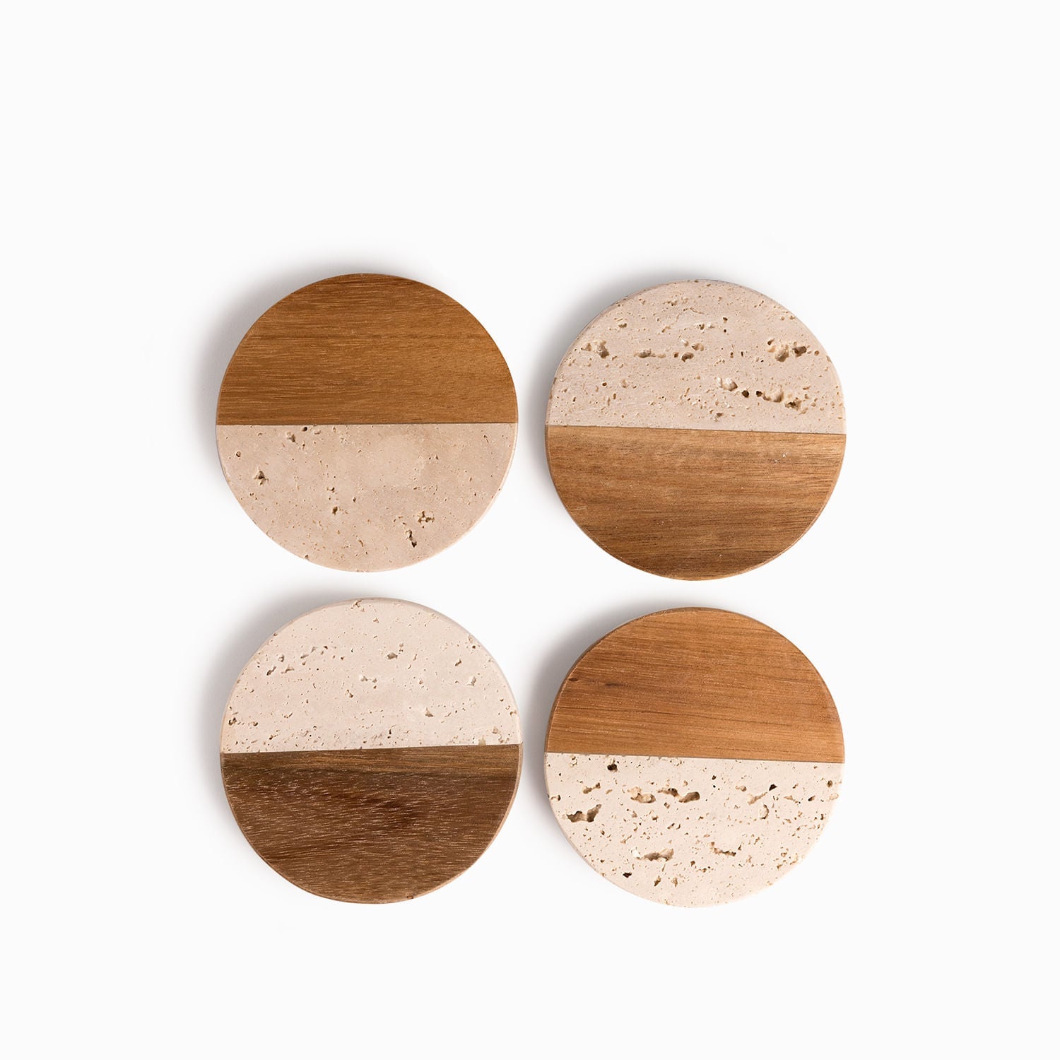 Portavasos travertino y acacia set x4