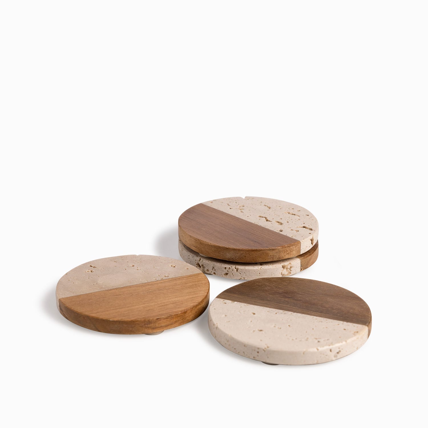 Portavasos travertino y acacia set x4