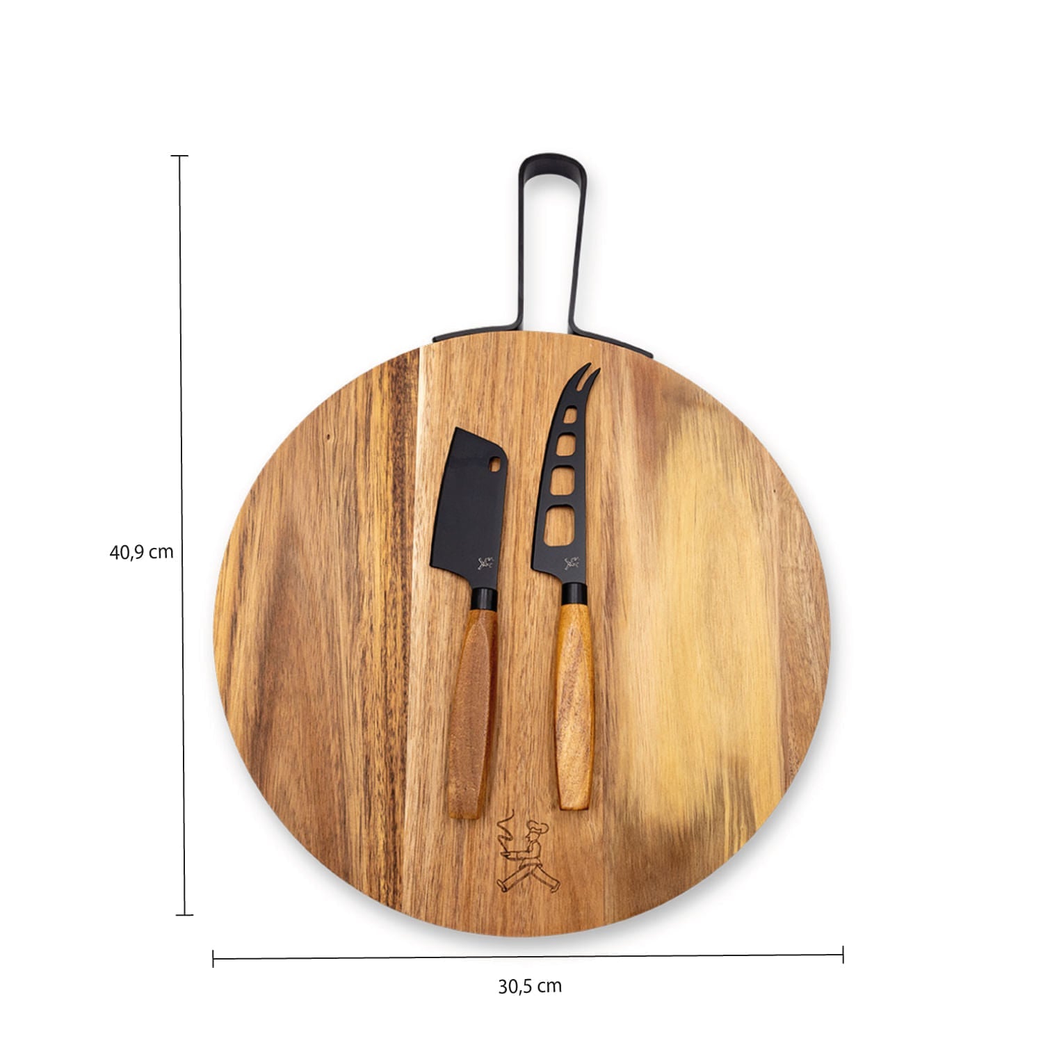 Set tabla redonda acacia 30 cm y cuchillos para el queso