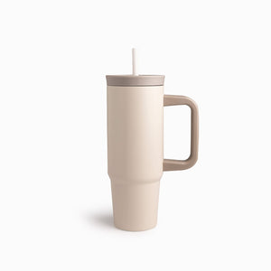 Termo Doble Pared Beige Con Pitillo Y Manija 900Ml